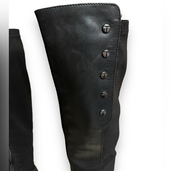 TAHARI Black Leather & Stretch Panel Brady Knee Boots Side Button Detail - Picture 7 of 11